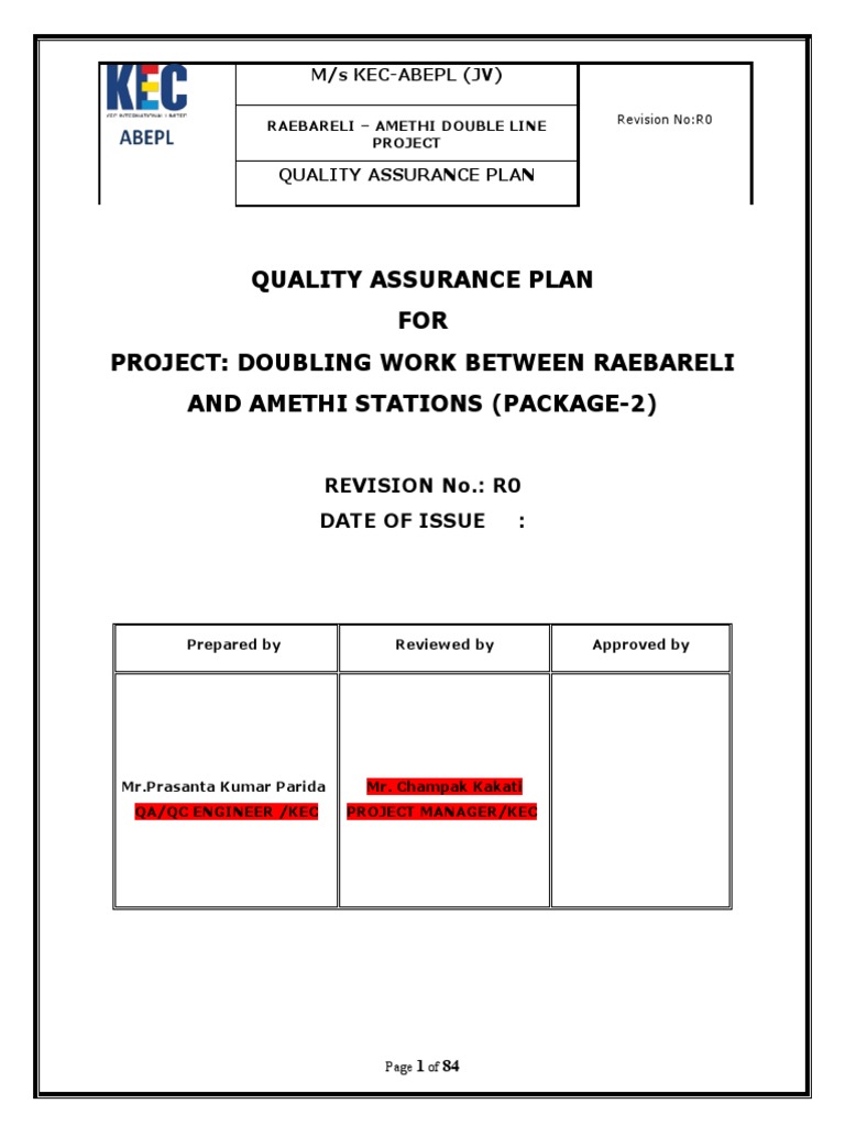 Quality Assurance Plan for Raebareli-Amethi Project | PDF | Quality ...