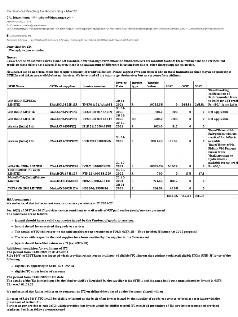Way of Reply ITC On Tax Invoice Air Transport Tickets PDF Invoice