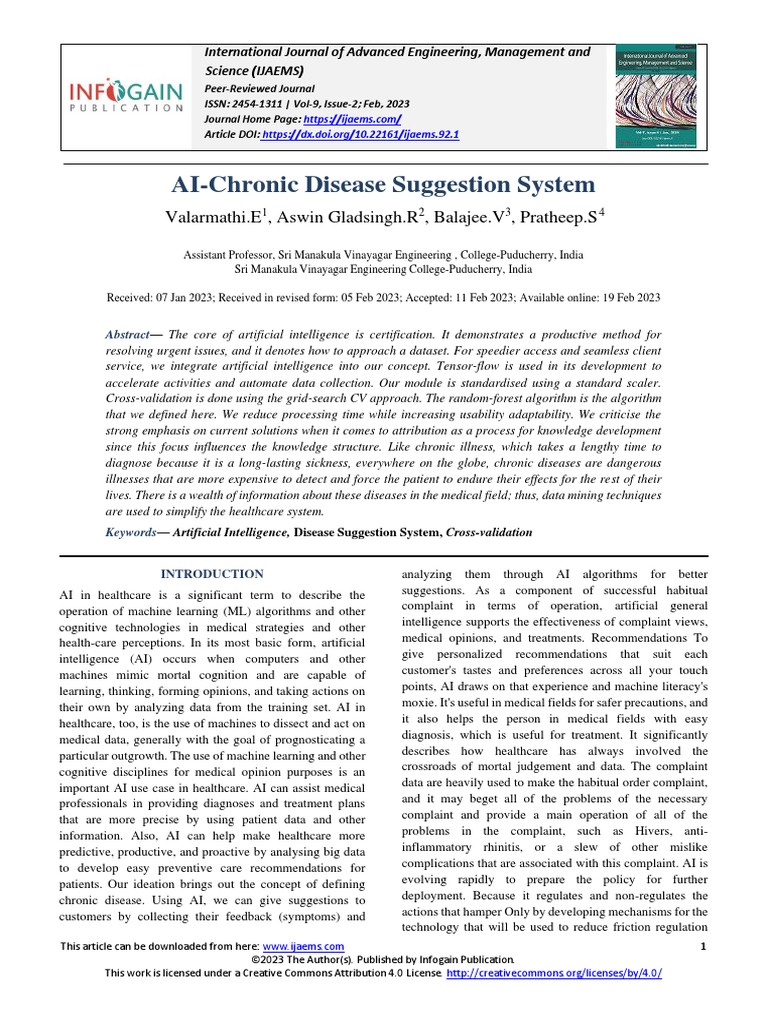 Ai Chronic Disease Suggestion System Pdf Artificial Intelligence