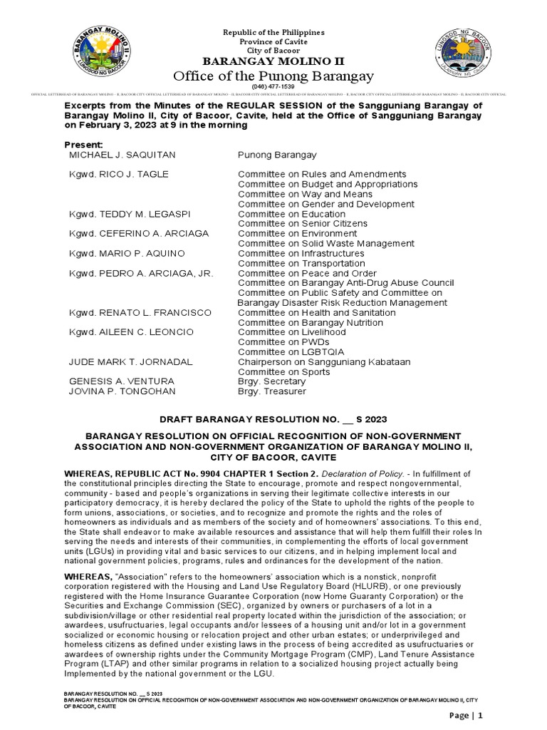 Draft Barangay Resolution No. - S 2023 | PDF | Home Insurance