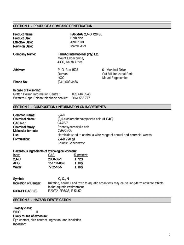 24D 720SL MSDS | PDF | Dangerous Goods | Water