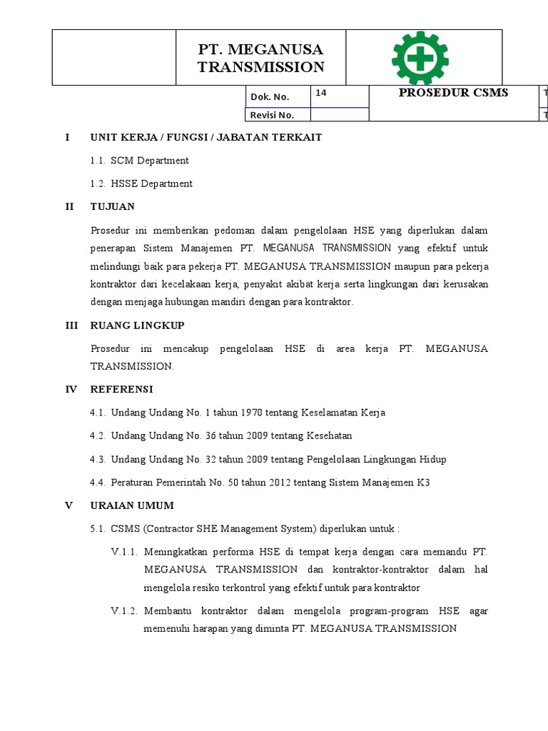 Prosedur CSMS PT. Meganusa Transmission | PDF | Teknologi & Rekayasa