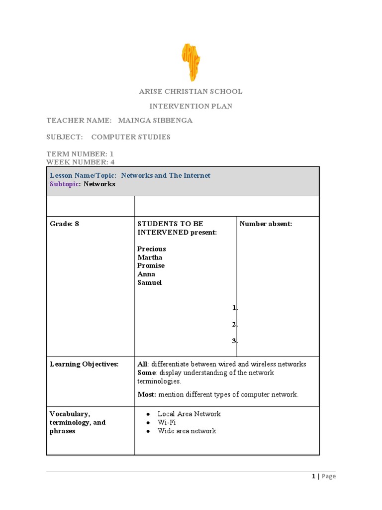 Grade 8 Computer Networks Lesson Plan | PDF | Computer Network | Learning