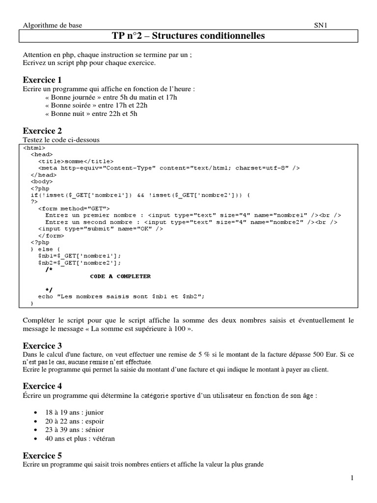 Exercices PHP sur les structures conditionnelles | PDF
