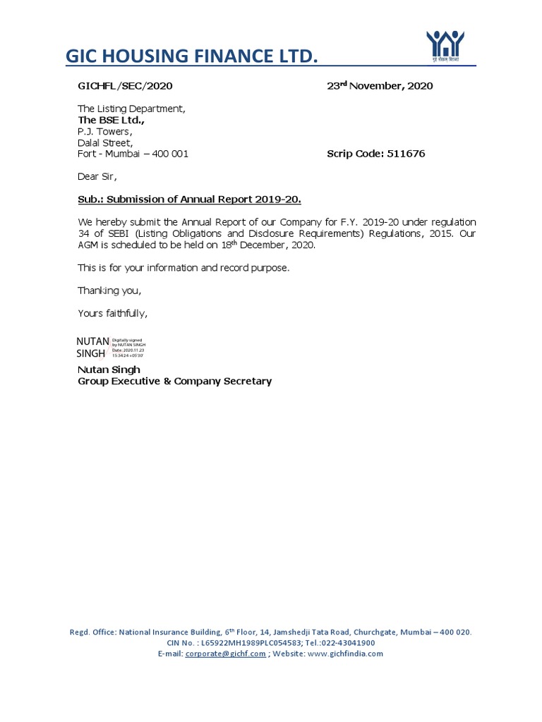 Gic Housing Finance LTD. GICHFL/SEC/2020 23 November, 2020 The BSE LTD