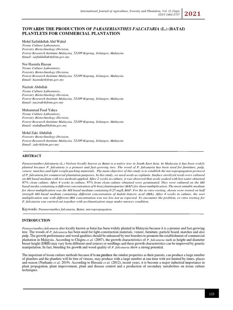 Towards The Production of Paraserianthes Falcataria (L.) (Batai ...