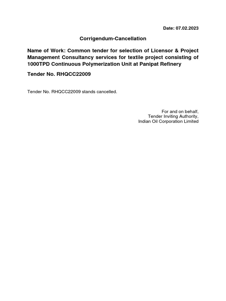 Tender RHQCC22009 Cancellation Notice | PDF | Finance & Money Management