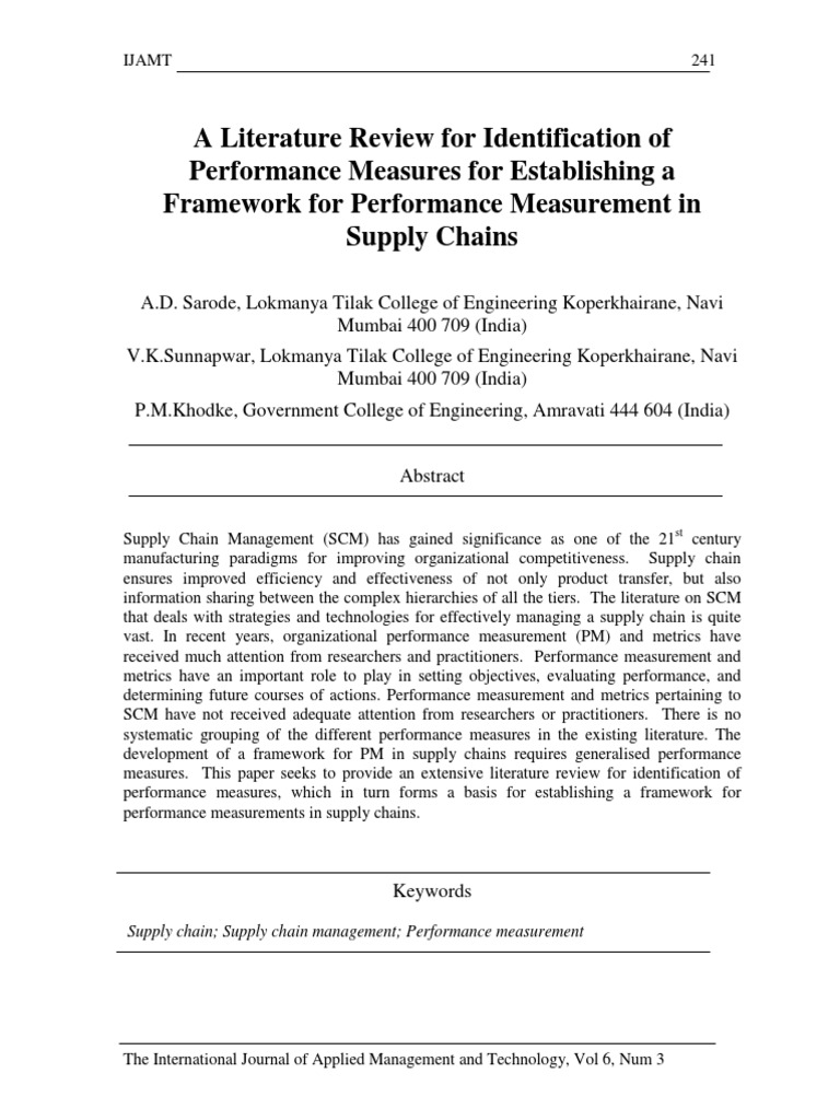 Identification of performance measures for establishing a framework for
