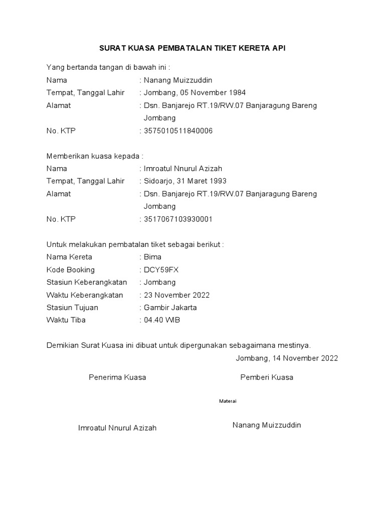 Surat kuasa pembatalan tiket kereta api pdf