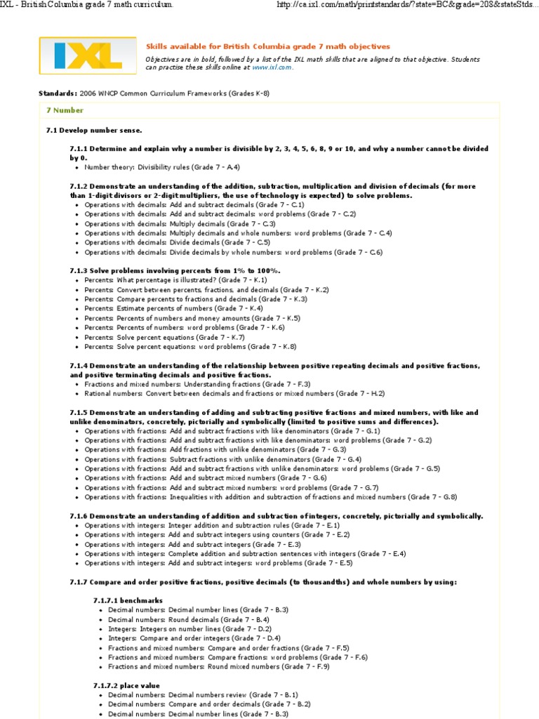 IXL British Columbia Grade 7 Math Curriculum PDF Fraction