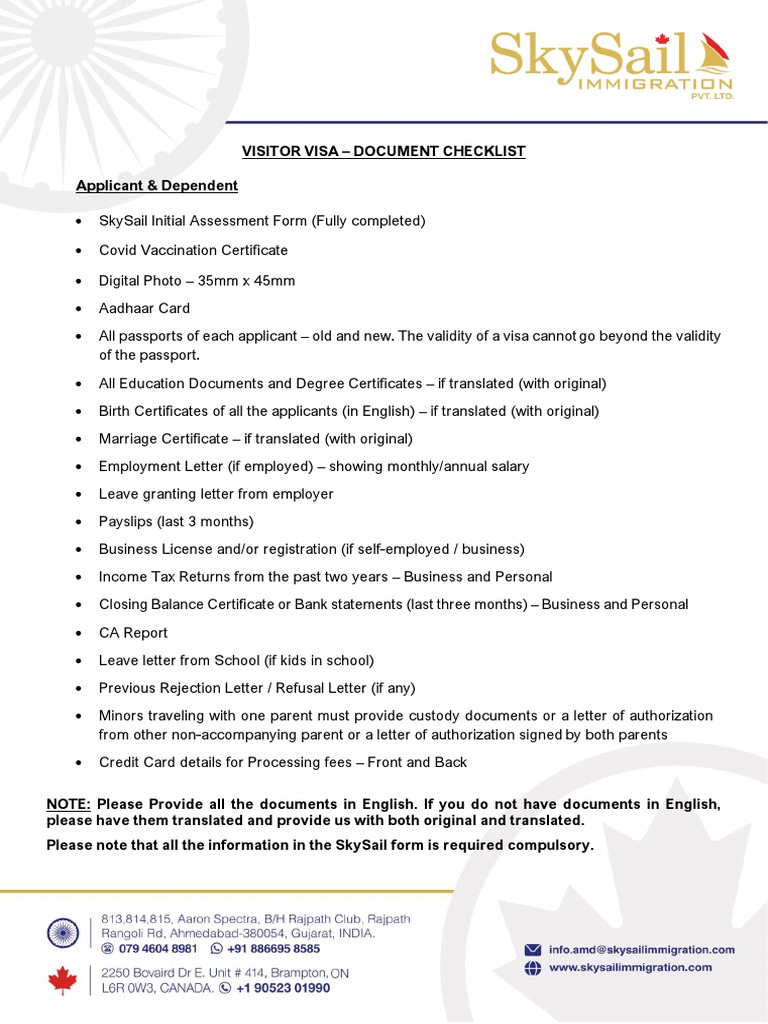 Visitor Visa Document Checklist | PDF | Passport | Birth Certificate