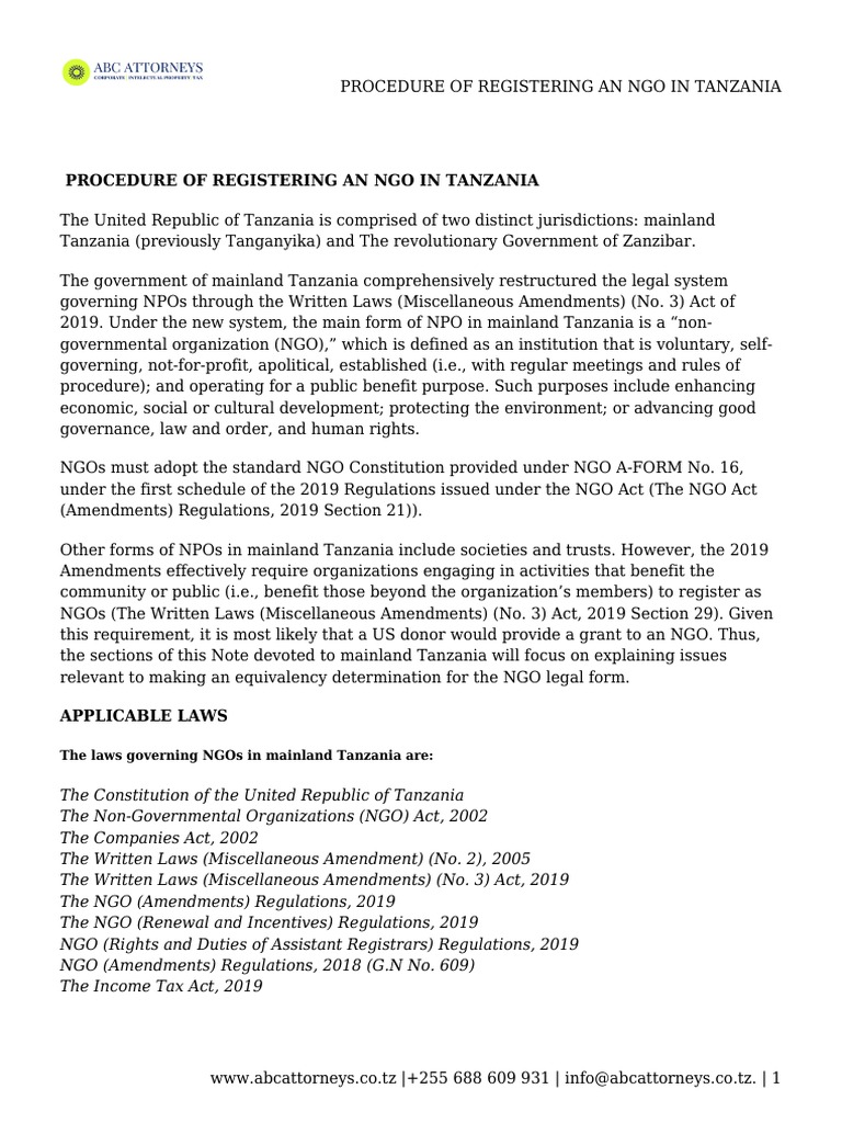 NGO Registration Process in Tanzania | PDF | Non Governmental ...