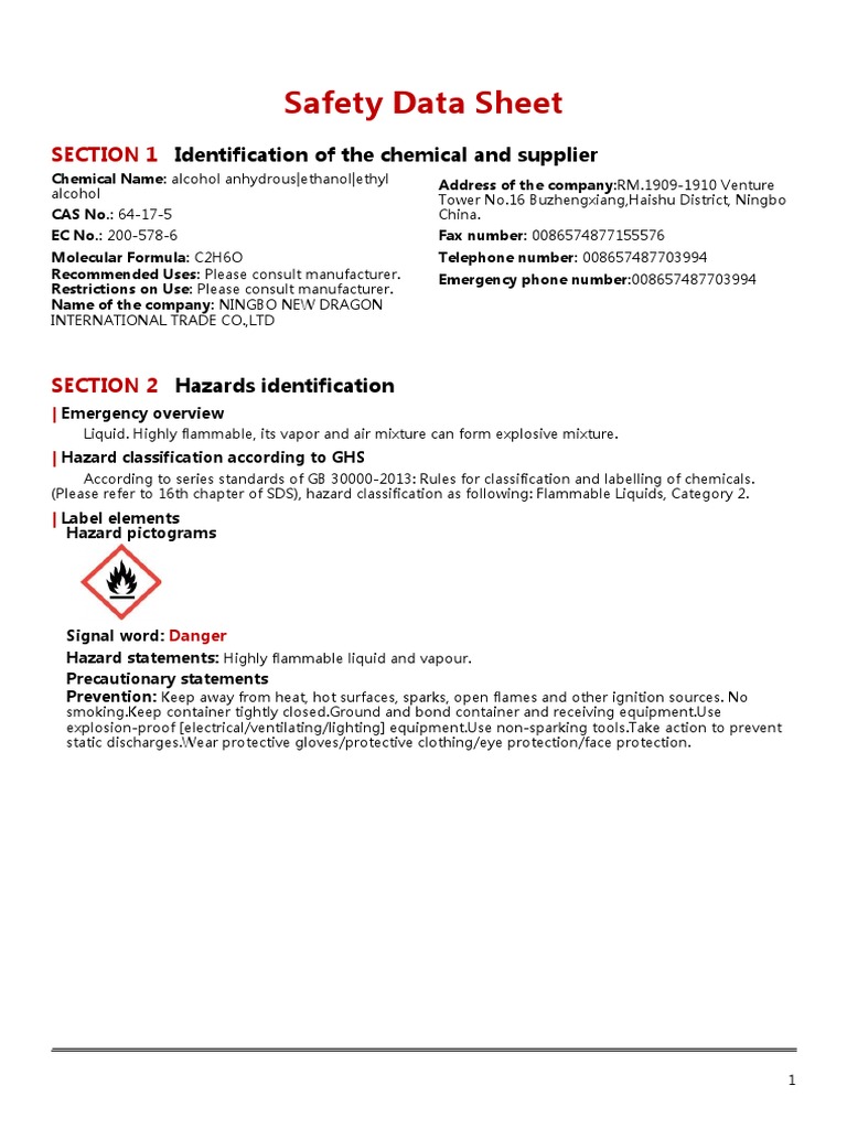 Safety Data Sheet-Alcohol | PDF | Dangerous Goods | Waste Management