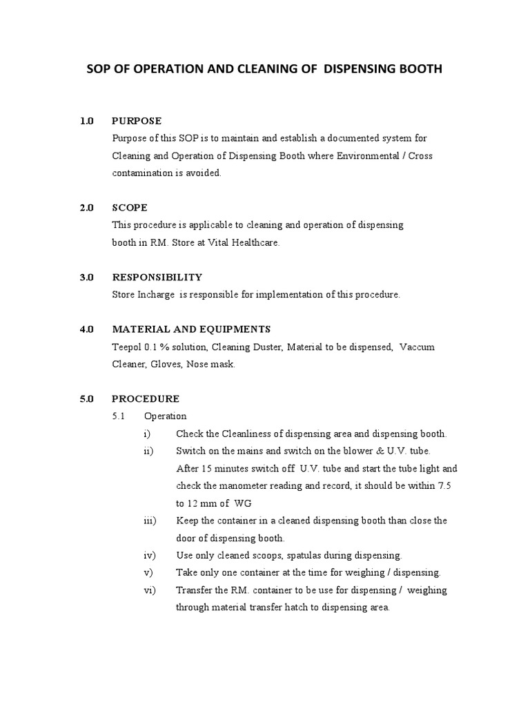 Sop of Cleaning and Operation of Dispensing Booth PDF Equipment