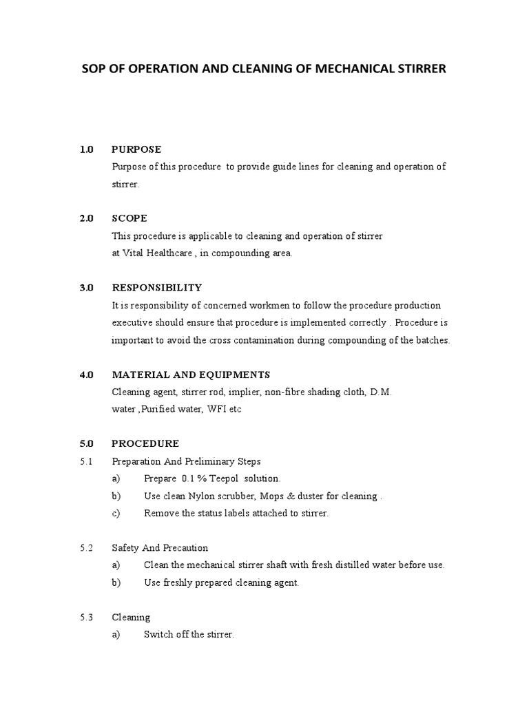 Sop of Operation and Cleaning of Mechanical Stirrer PDF Chemistry Secondary Sector Of The