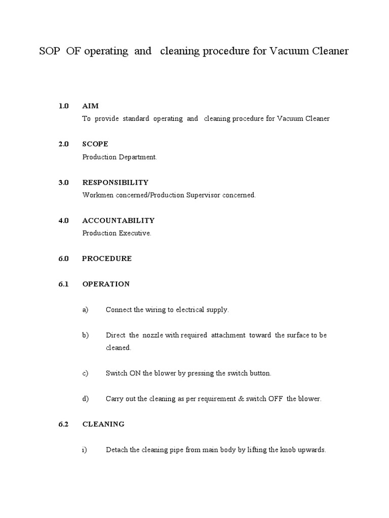 SOP OF Operating and Cleaning Procedure For Vacuum Cleaner PDF