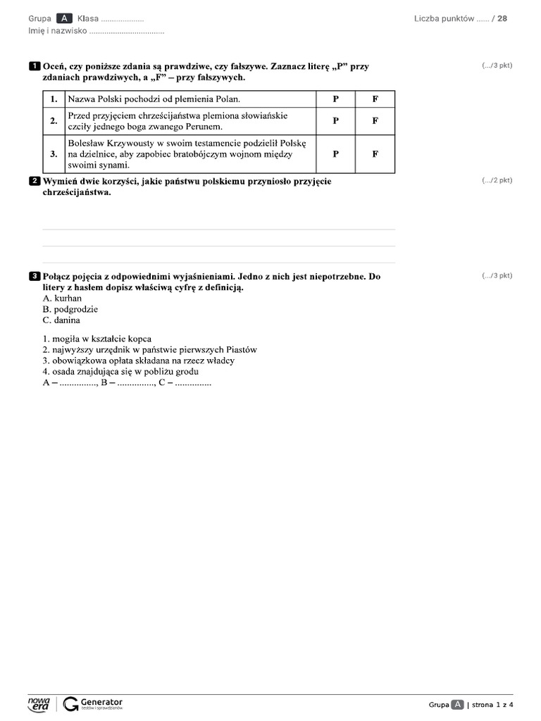 Test Z Historii Klasa 6 Dzial 3 Test Z Historii KL V | PDF