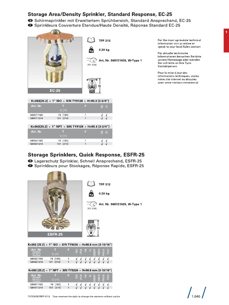 Tech - Datenblatt Sprinkler Hängend K363 68 Ein Zoll | PDF