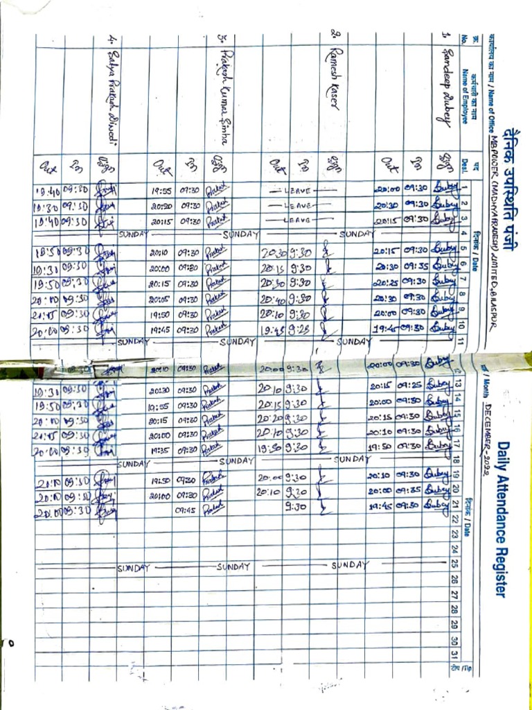 Attendance Register BSP Location | PDF