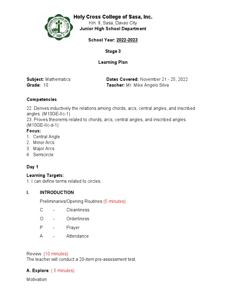 Grade 10 Math Learning Plan: Circles | PDF | Circle | Angle