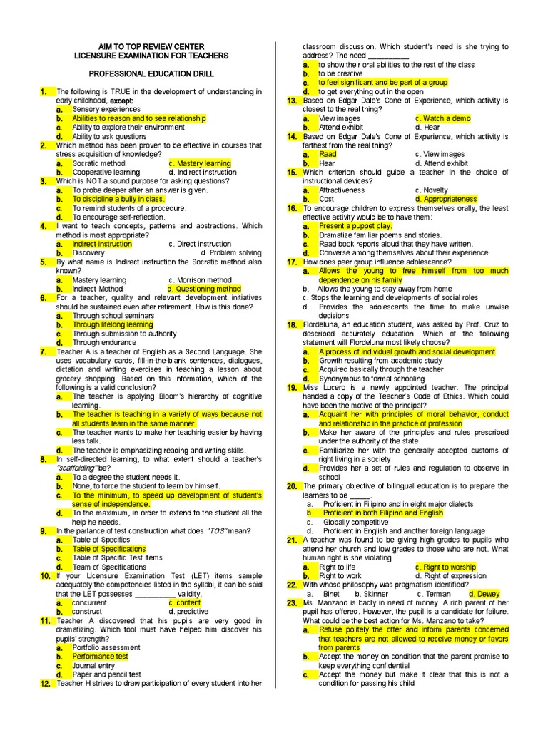 Professional Education Exam Review Guide | PDF | Teachers | Learning
