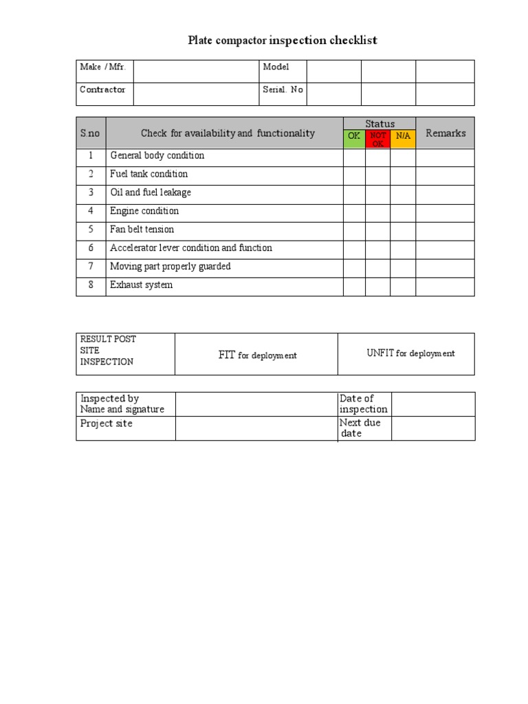 Plate Compactor Inspection Checklist PDF