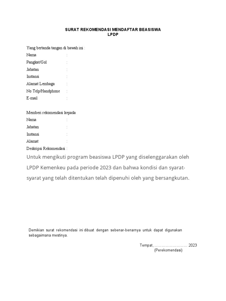 Form Surat Rekomendasi Lpdp Pdf To Excel