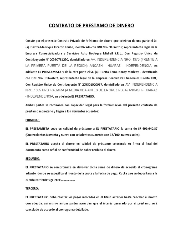 Modelo de Contrato de Prestamo de Dinero Word | PDF | Crédito ...