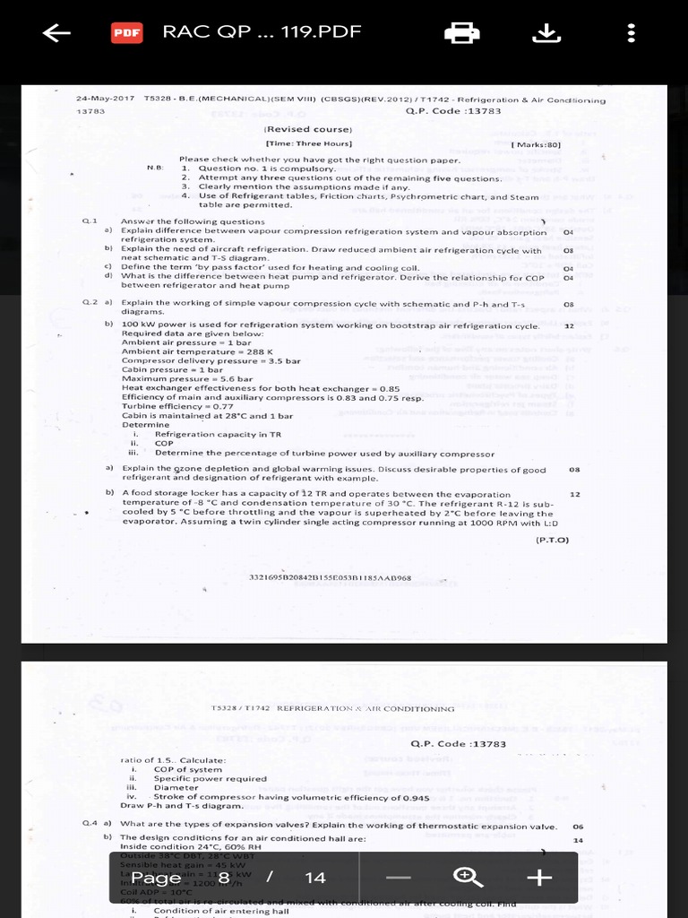 Refrigeration & Air Conditioning Question Papers PDF