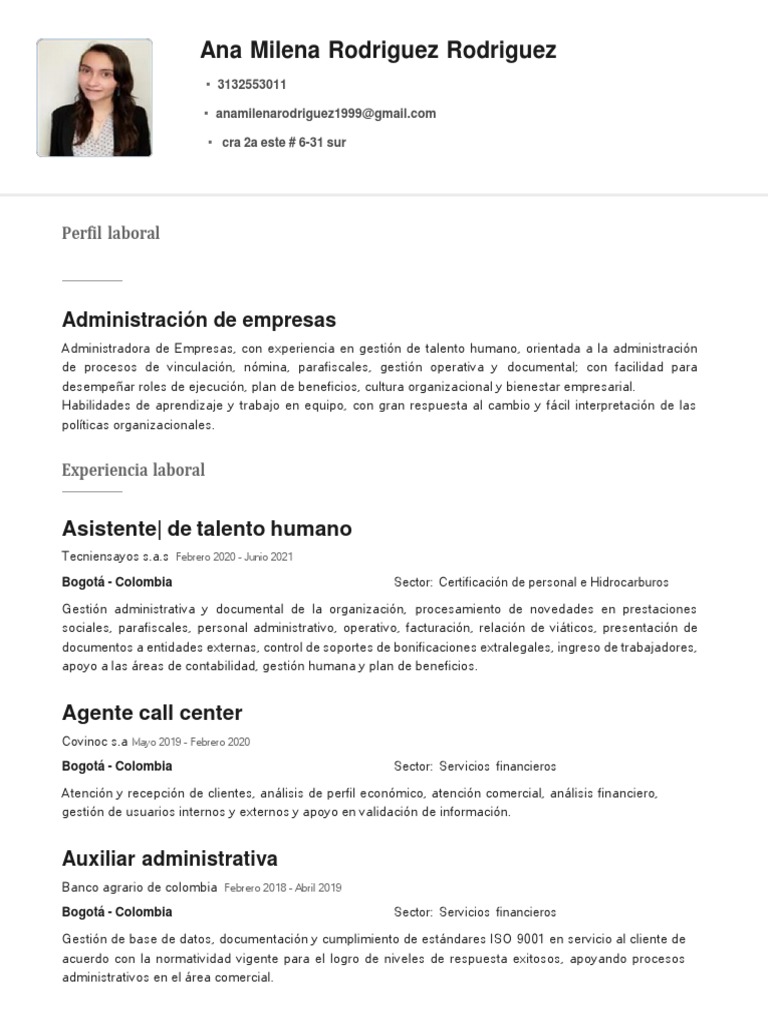 Perfil Profesional de Ana Milena Rodríguez | PDF | Colombia | Negocios ...