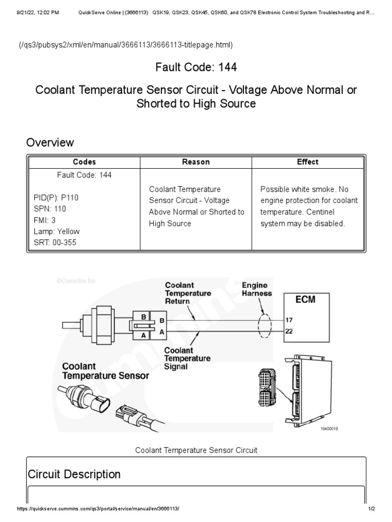 Fault Code 144 Coolant Temperature Sensor Circuit Voltage Above