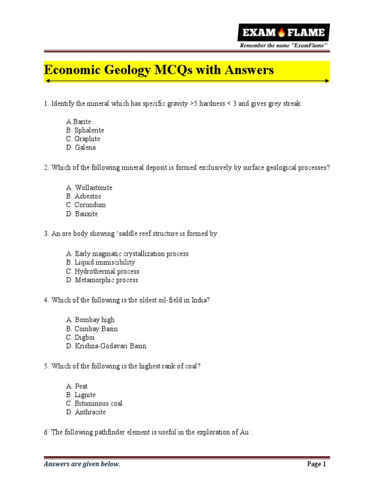 Economic Geology MCQs With Answer PDF Minerals Earth Sciences