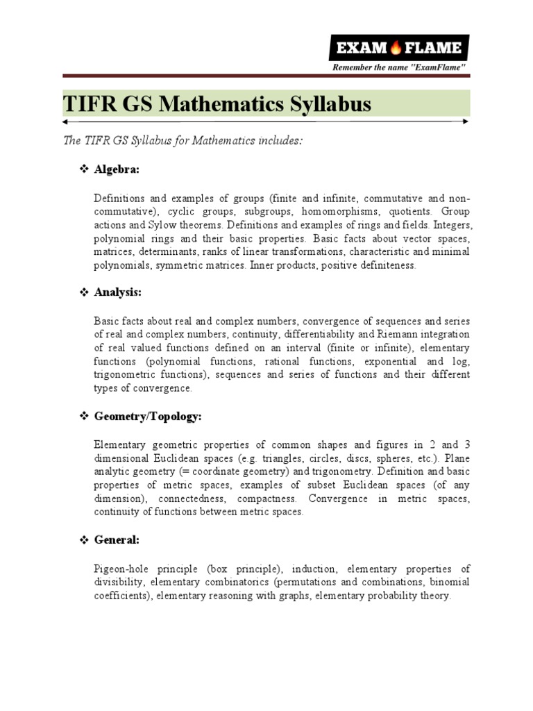 TIFR GS Mathematics Syllabus Overview | PDF