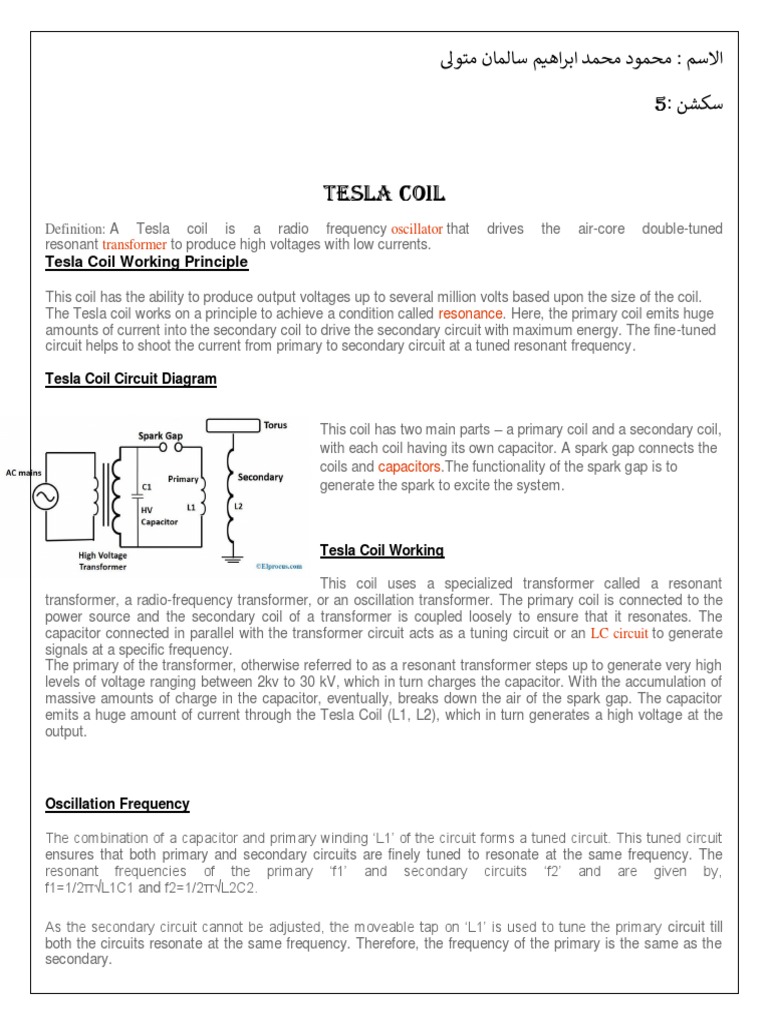 Tesla Coil Oscillator Transformer PDF Transformer Inductor