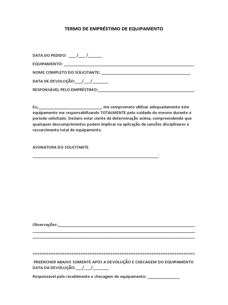 Termo de empr stimo de equipamento pdf
