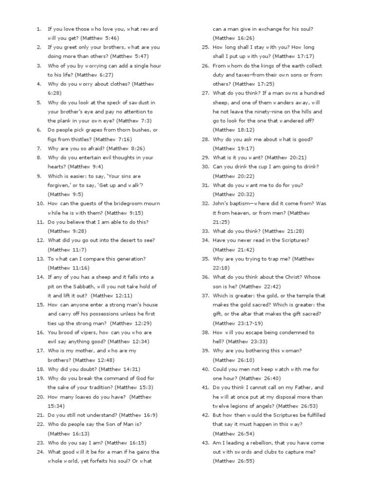 Questions from the gospels a collection of rhetorical questions asked