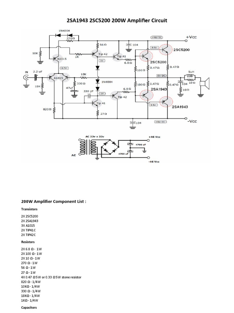 2SA1943 2SC5200 200W Amplifier Circuit | PDF
