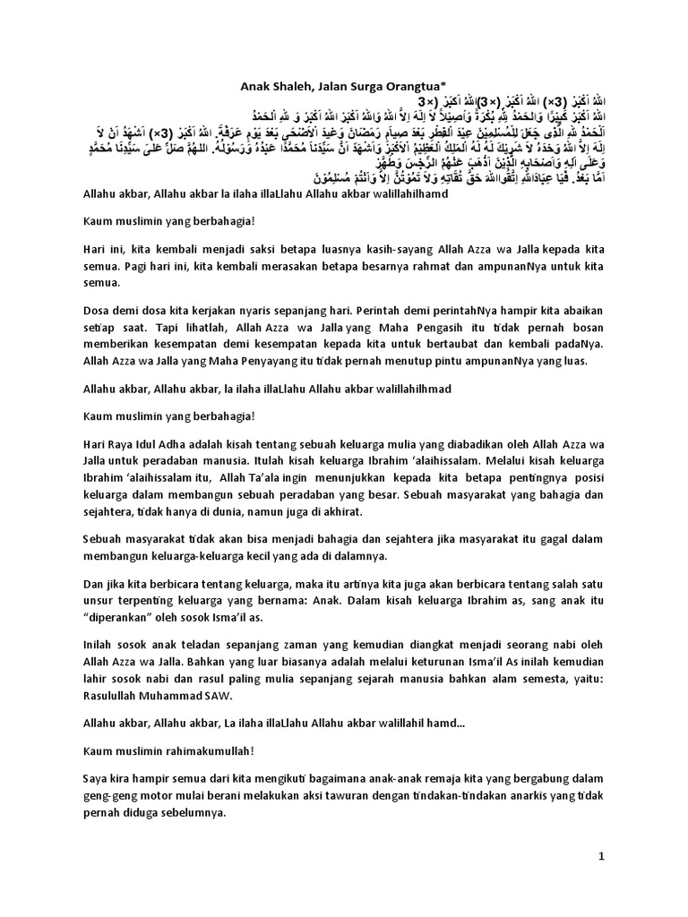 Khutbah Idul Adha: Anak Shaleh dan Orang Tua | PDF