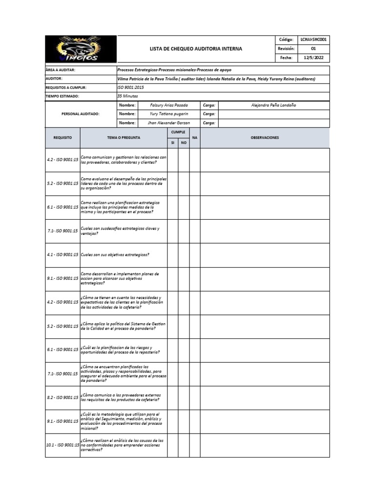 Lista de Chequeo Auditoría ISO 9001 | PDF | Auditoría | Planificación