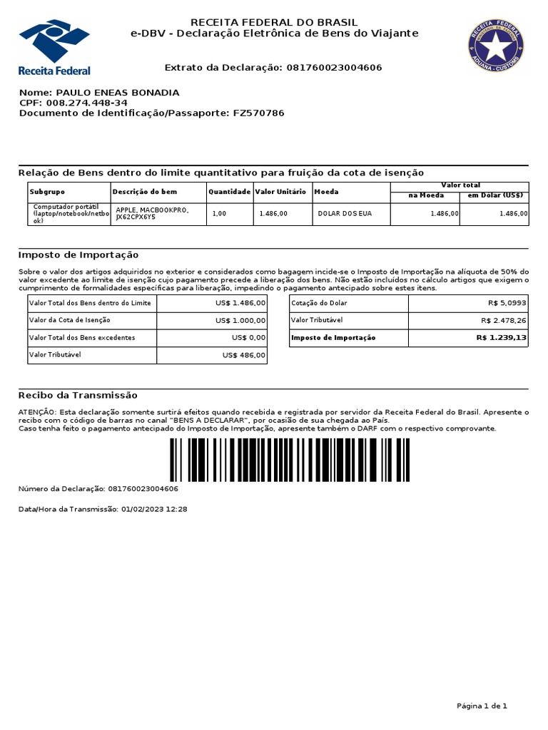 Recibo Declaracao de Entrada Com DARF | PDF | Impostos | Dólar americano