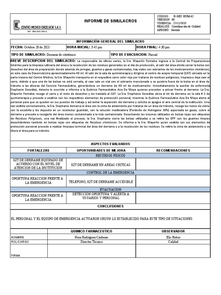 Informe de Simulacro de Derrame Químico | PDF | Residuos