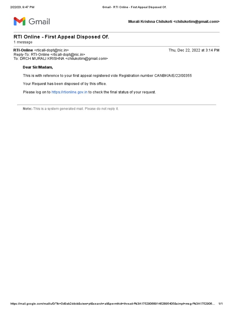 Gmail RTI Online First Appeal Disposed of PDF