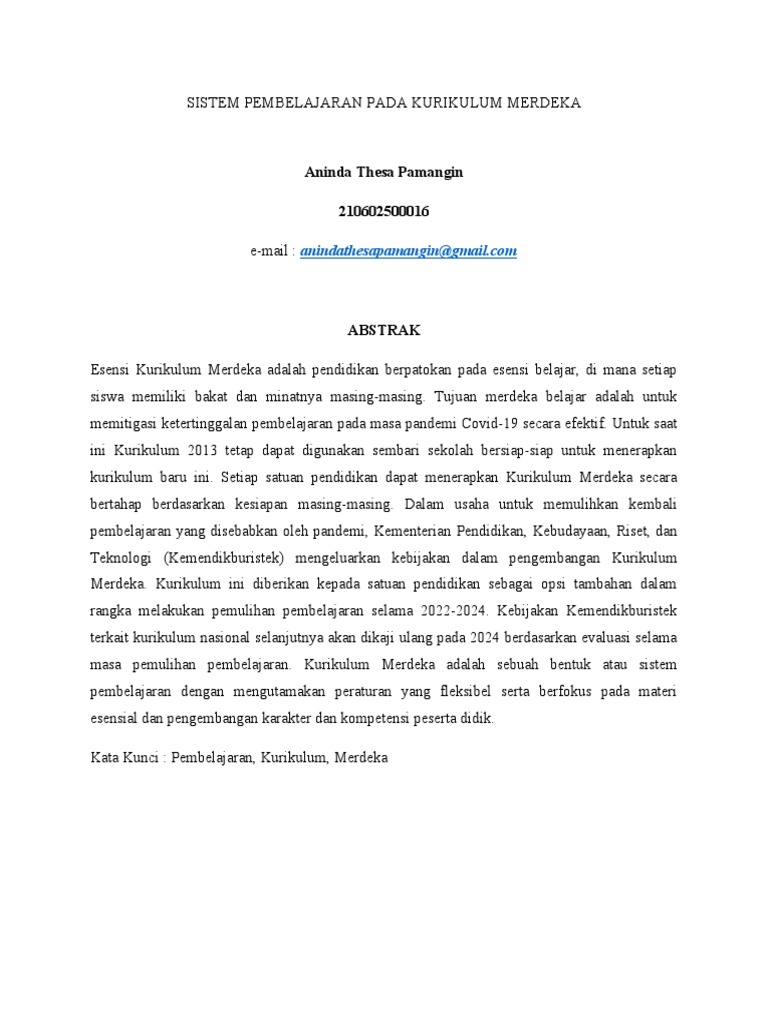 Sistem Pembelajaran Pada Kurikulum Merdeka Pdf