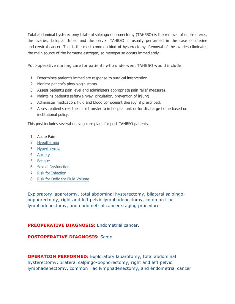 Postoperative Care for TAH BSO | PDF | Uterus | Ovarian Cancer