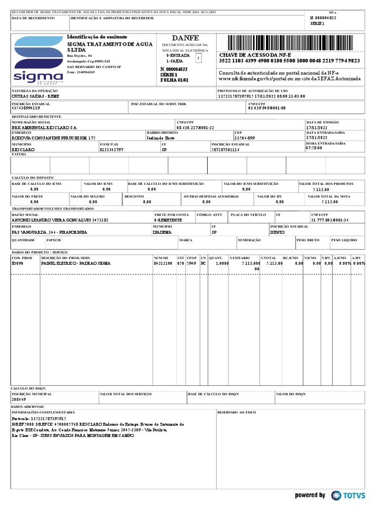 Nota Fiscal Sigma Tratamento de Águas | PDF | Recibo | Produção e ...
