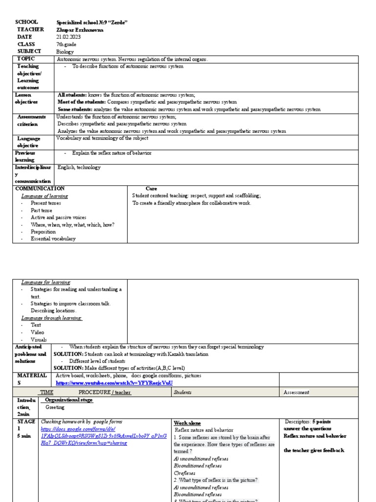 Autonomic Nervous System Lesson Plan | PDF | Autonomic Nervous System ...