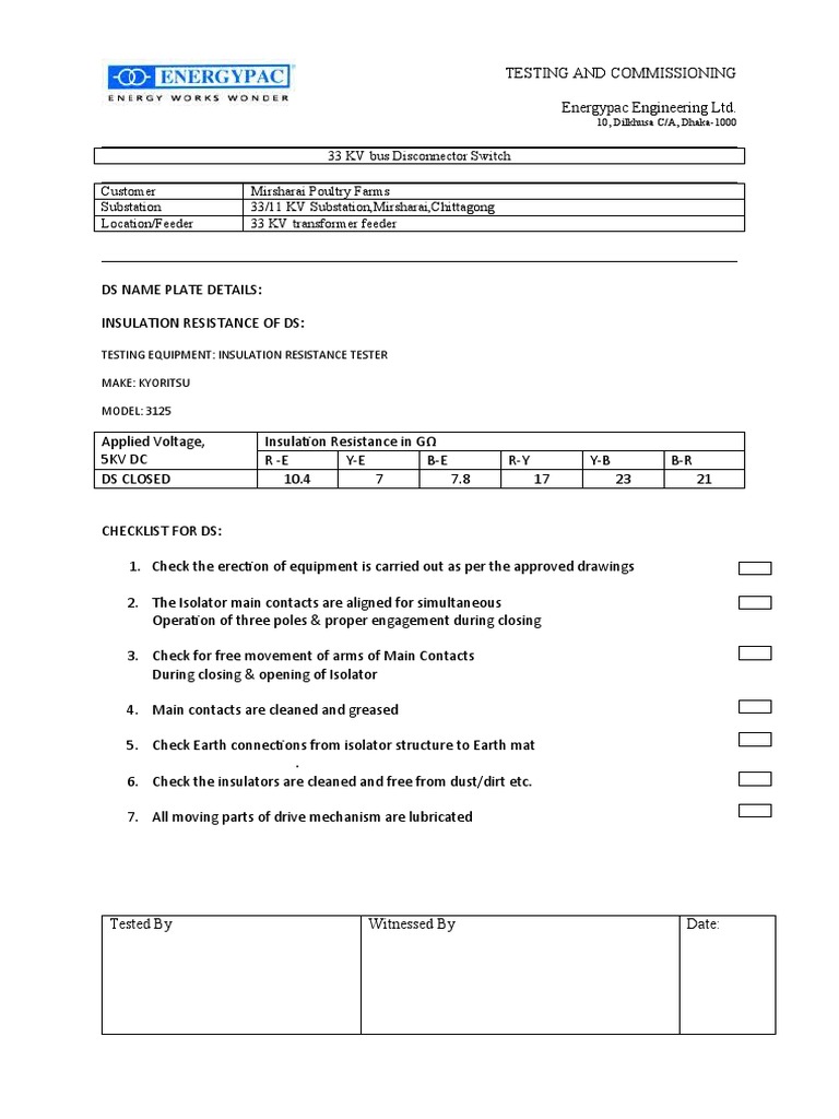 33 KV Bus Disconnector Switch Testing Report | PDF