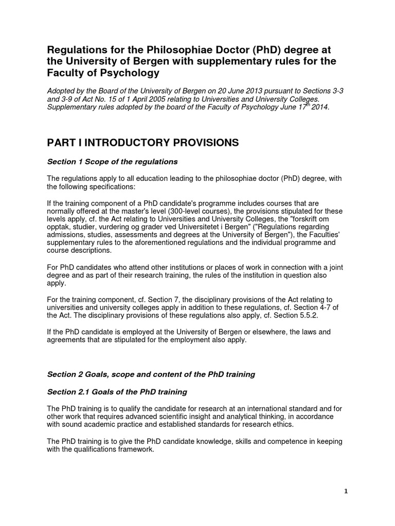 Regulations For The PHD BERGEN | PDF | Doctor Of Philosophy | Thesis