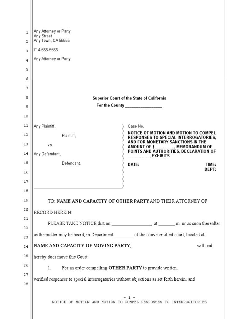 Sample Motion To Compel Responses To Special Interrogatories For