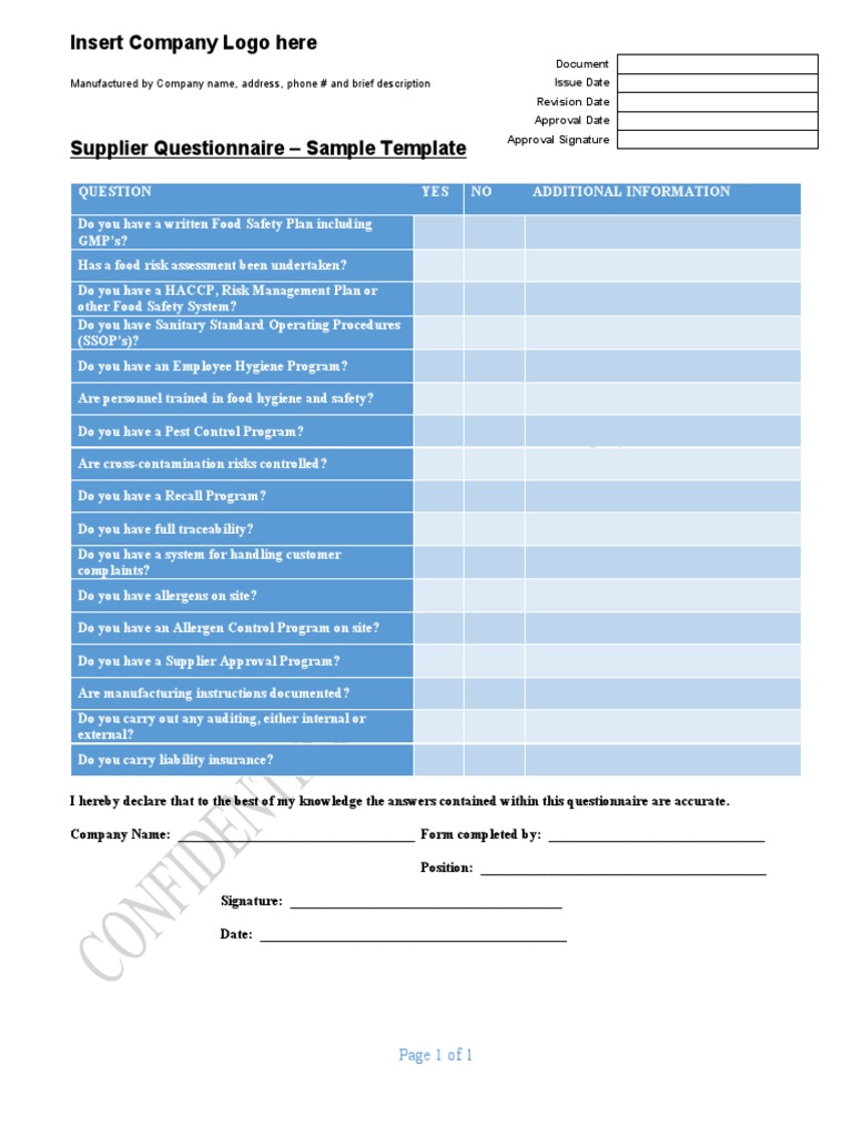 Supplier Questionnaire Template PDF